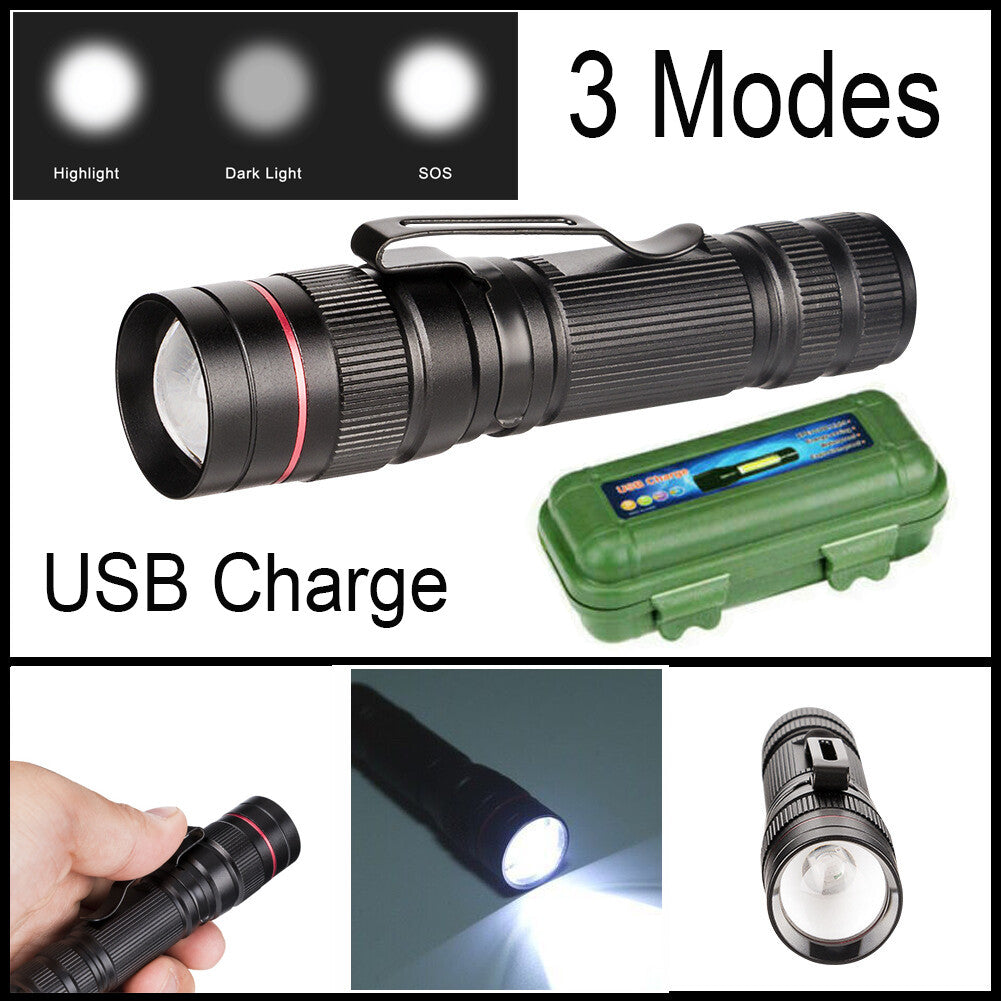 LED Flashlight USB Rechargeable Tactical Zoom Torch Powerful Mini Pen Light Work Light For Camping