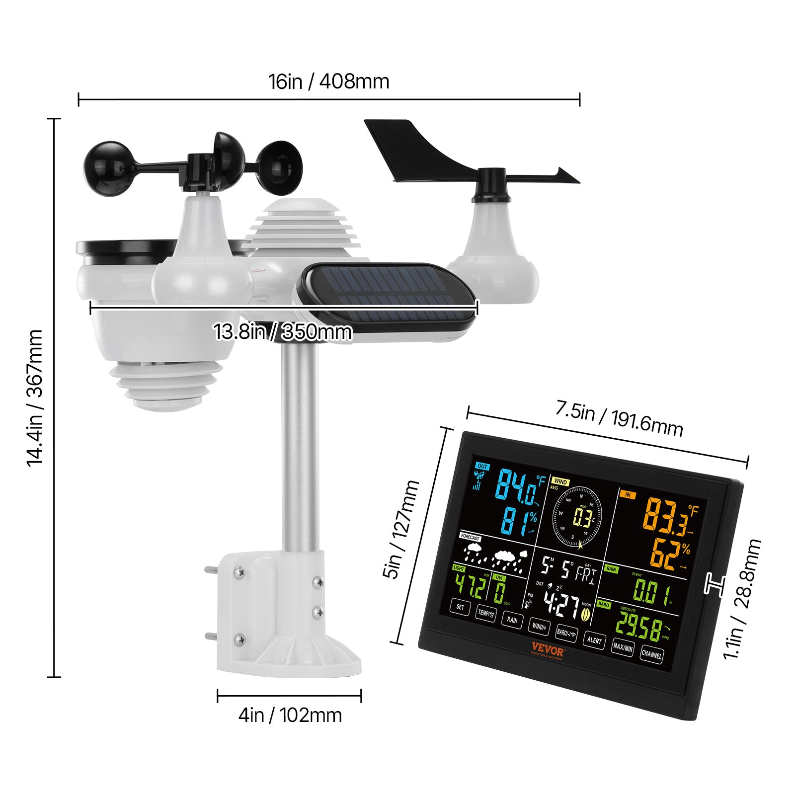 VEVOR 7-in-1 Wireless Weather Station, 7.5 In Large Color Display, Digital Home Weather Station Indoor Outdoor, For Temperature Humidity Wind Speed,Direction Rain UV, With Forecast Data, Alarm, Alerts