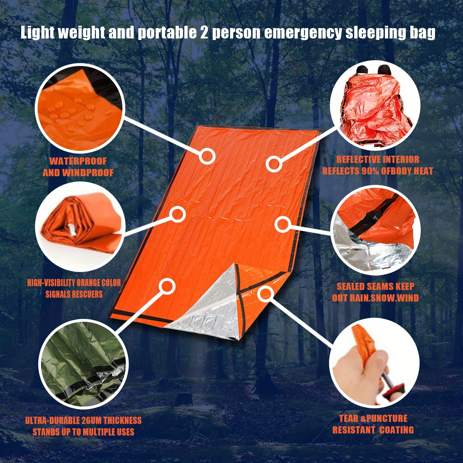 Emergency Thermal Sleeping Bag - Windproof & Waterproof Bivy Sack