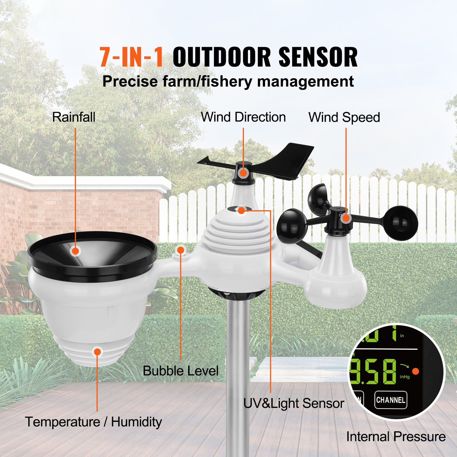 VEVOR 7-in-1 Wireless Weather Station, 7.5 In Large Color Display, Digital Home Weather Station Indoor Outdoor, For Temperature Humidity Wind Speed,Direction Rain UV, With Forecast Data, Alarm, Alerts